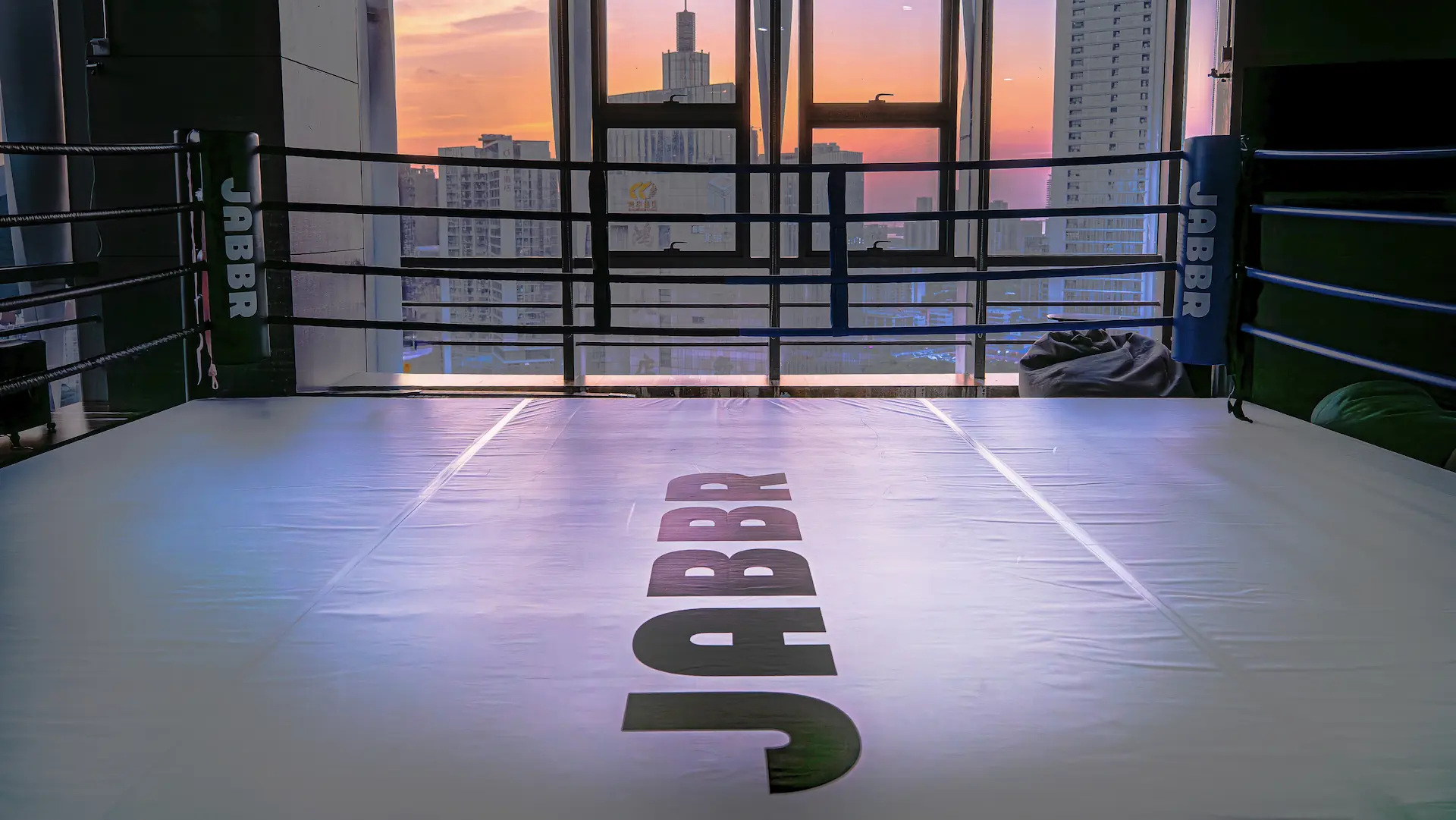 Jabbr office boxing ring with the Shenzhen scenarie in the background